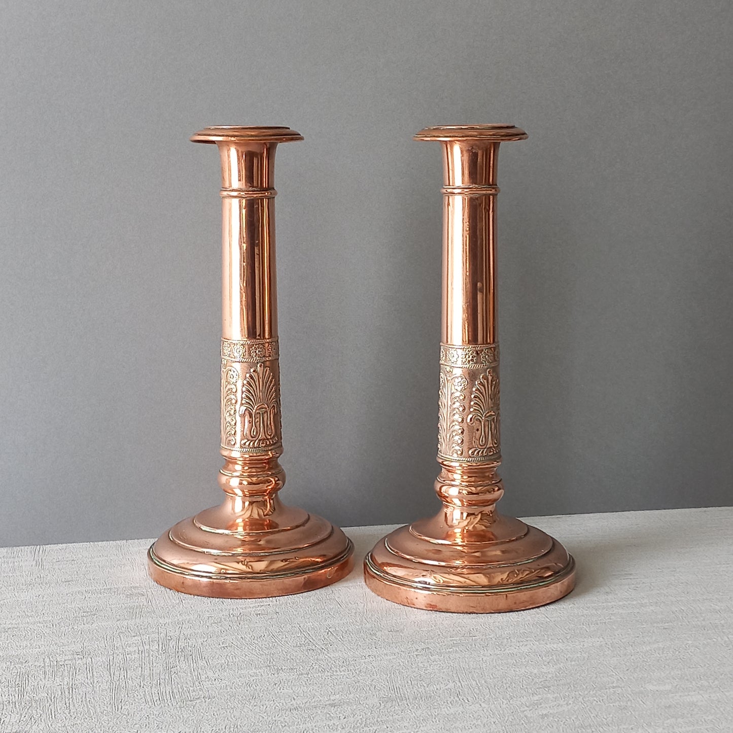 Antique Copper Candle Holders, French Art Nouveau Candle Stick Holders