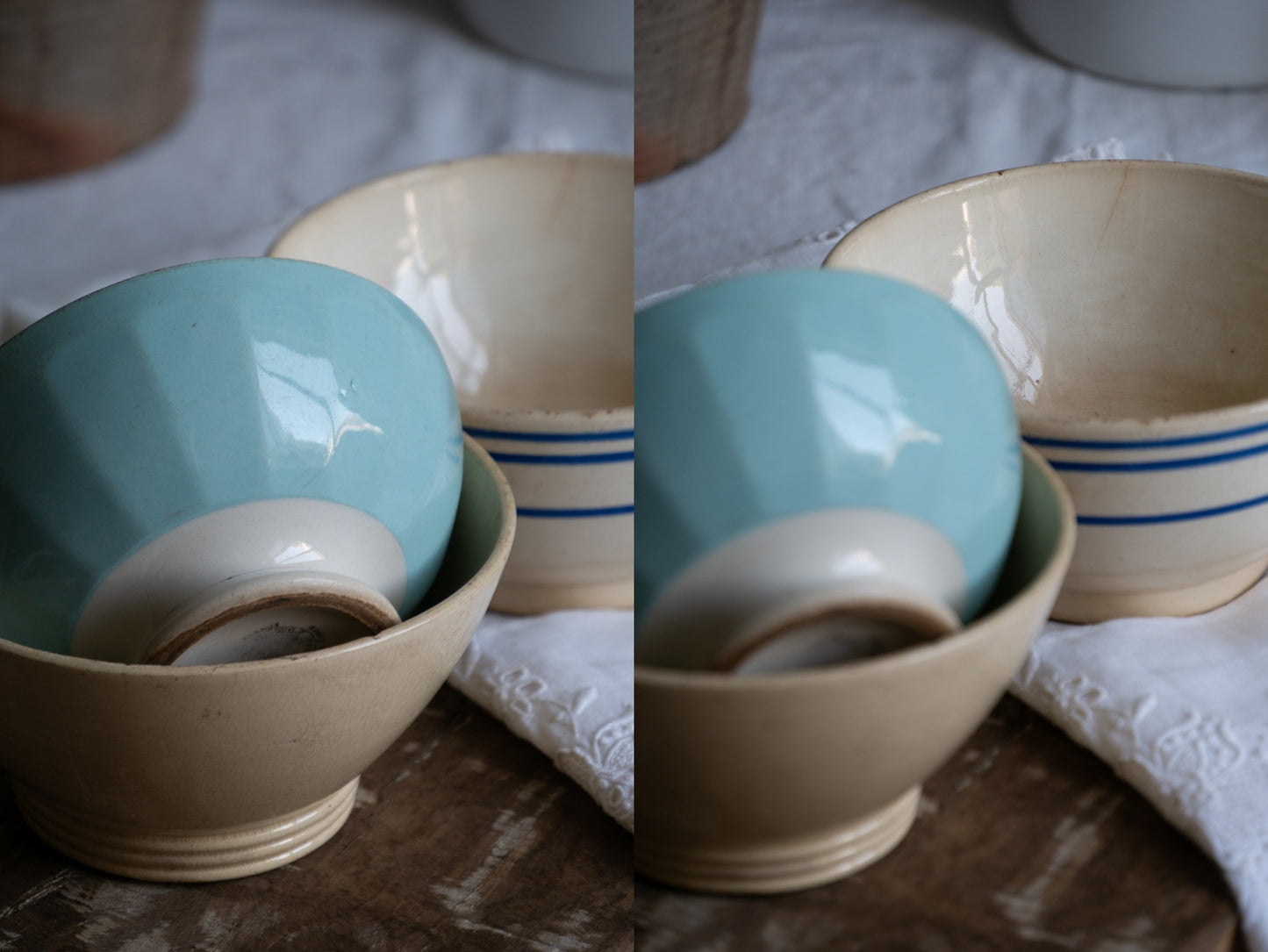 Three authentic French café-au-lait bowls in gently worn condition. Stack them for a slow weekend breakfast display, line them on an open shelf, or fill each with seasonal fruit for an easy pop of colour.