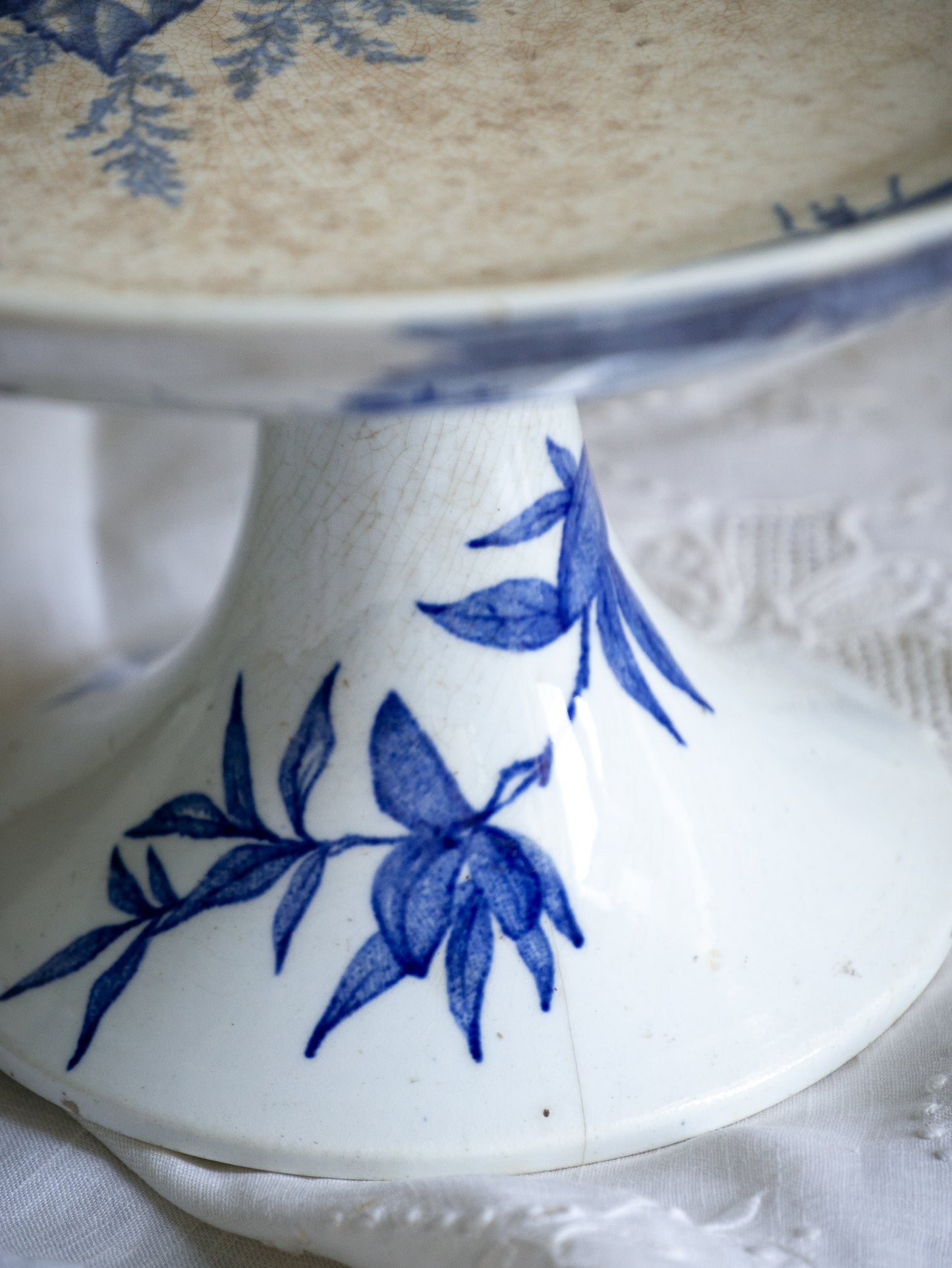 French Antique White Ironstone Compote Footed Dish with Blue Dragonfly & Floral Pattern