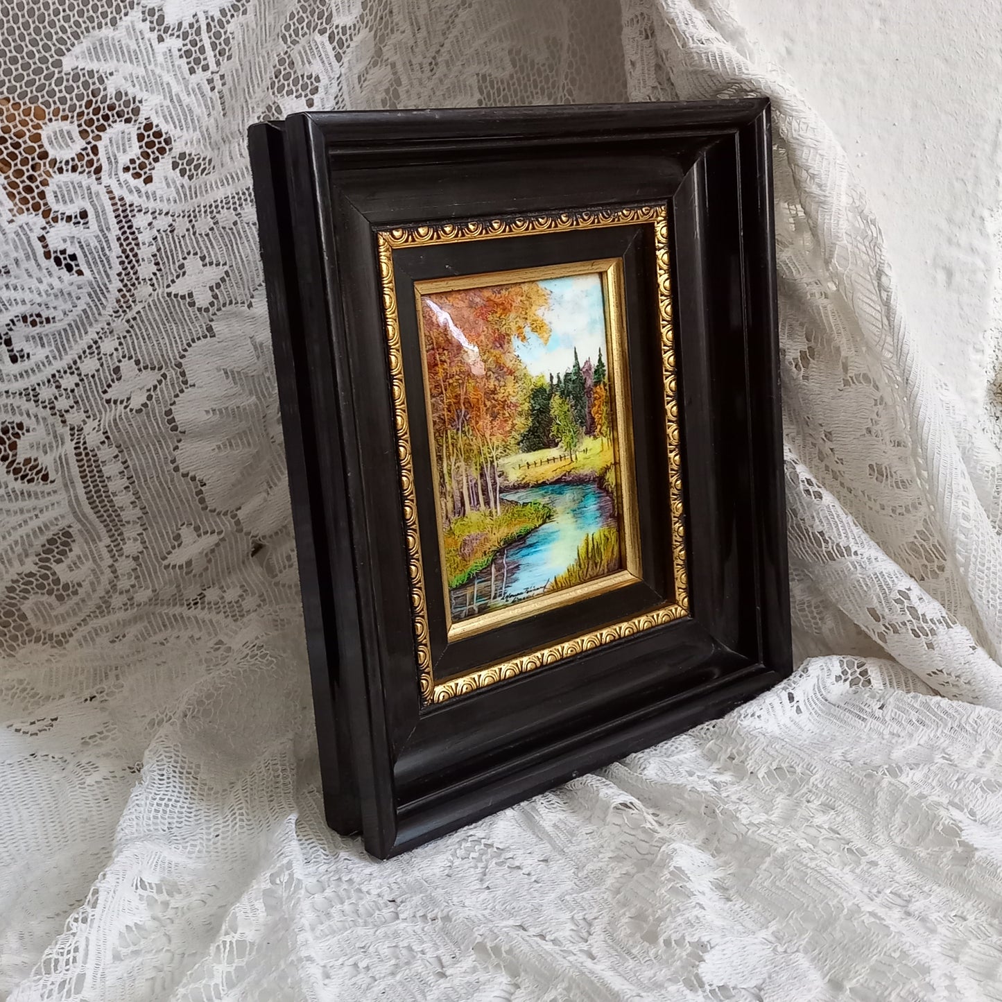 French vintage hand made enamel landscape painting wall hanging signed by artist