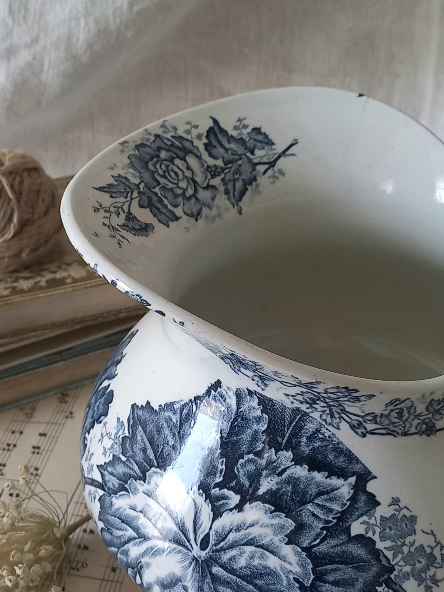 French Antique White Ironstone Jug Pitcher With Blue Floral Pattern