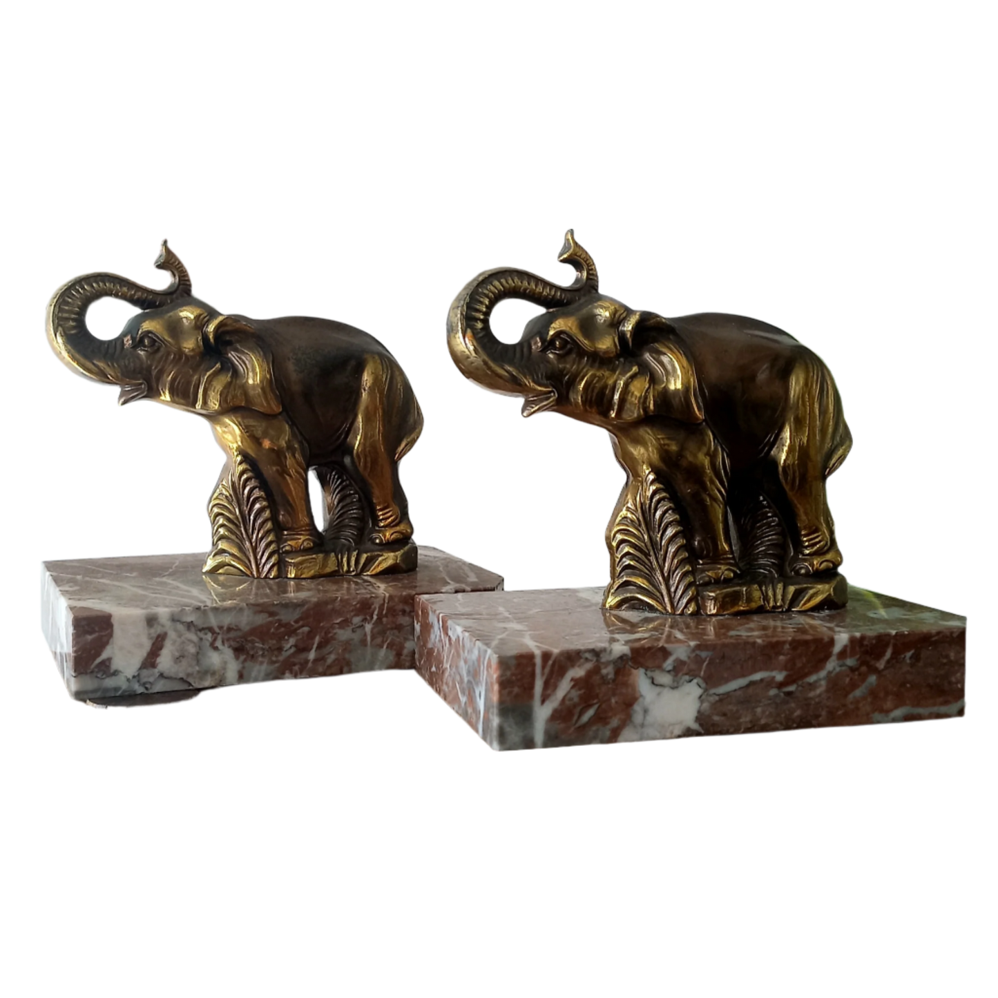Vintage Elephant Bookends, Bronze Colour Elephants On Marble Bases