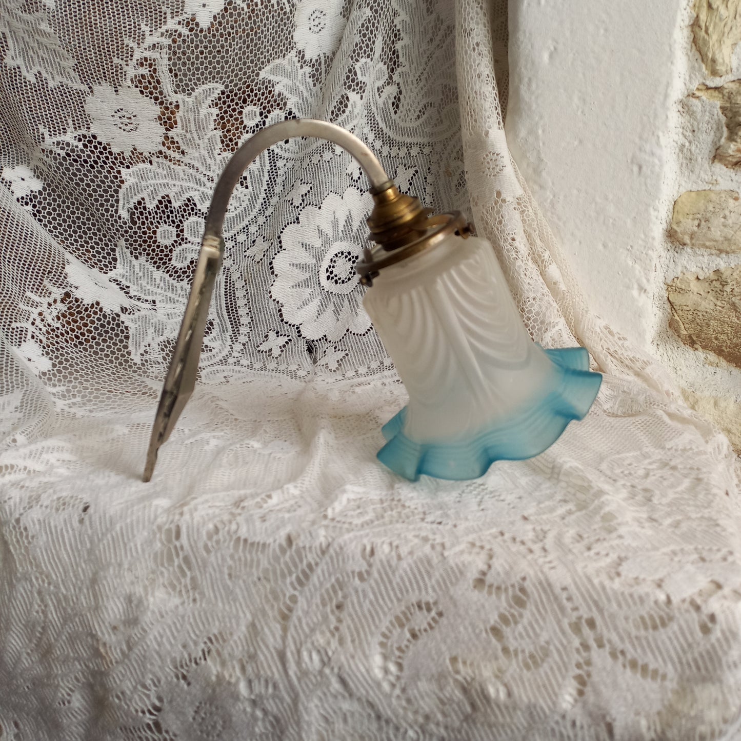 Antique wall light with white and blue tulip frosted glass lampshade