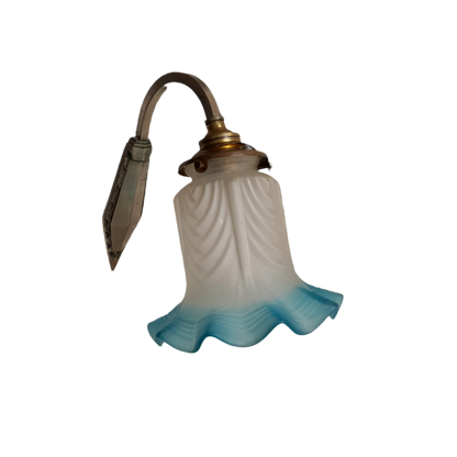 Antique wall light with white and blue tulip frosted glass lampshade