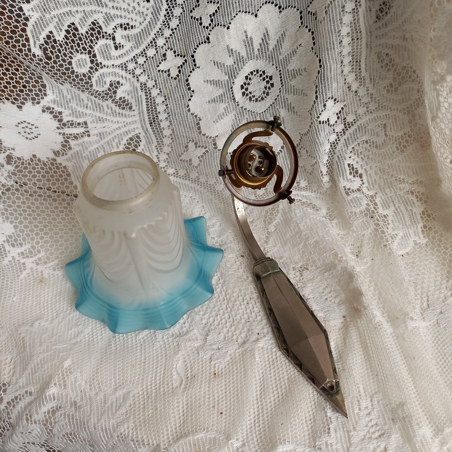 Antique wall light with white and blue tulip frosted glass lampshade