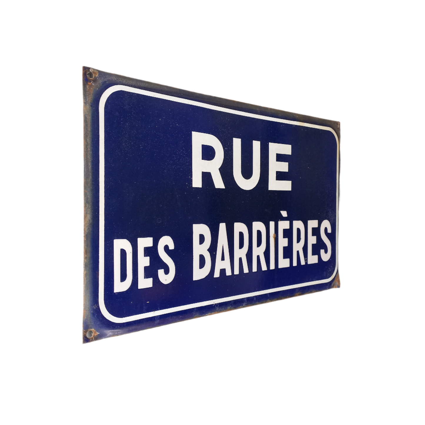 Original and very collectible, a French street name sign, 'Rue des Barrières' sauced at an antique market in south west France. These old dark blue (it's a darker blue than it appears in my photos) street signs with white text look super as pieces of home decor in French country home/shabby chic inspired interiors, man caves, commercial premises, industrial loft apartments, and many other locations.