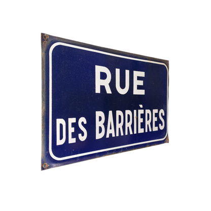 Original and very collectible, a French street name sign, 'Rue des Barrières' sauced at an antique market in south west France. These old dark blue (it's a darker blue than it appears in my photos) street signs with white text look super as pieces of home decor in French country home/shabby chic inspired interiors, man caves, commercial premises, industrial loft apartments, and many other locations.