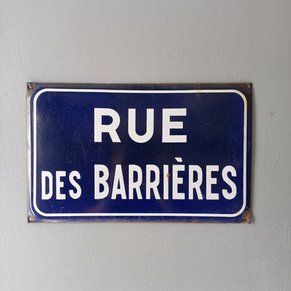 Original and very collectible, a French street name sign, 'Rue des Barrières' sauced at an antique market in south west France. These old dark blue (it's a darker blue than it appears in my photos) street signs with white text look super as pieces of home decor in French country home/shabby chic inspired interiors, man caves, commercial premises, industrial loft apartments, and many other locations.