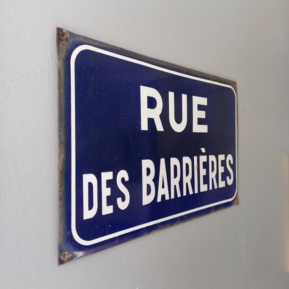 Original and very collectible, a French street name sign, 'Rue des Barrières' sauced at an antique market in south west France. These old dark blue (it's a darker blue than it appears in my photos) street signs with white text look super as pieces of home decor in French country home/shabby chic inspired interiors, man caves, commercial premises, industrial loft apartments, and many other locations.