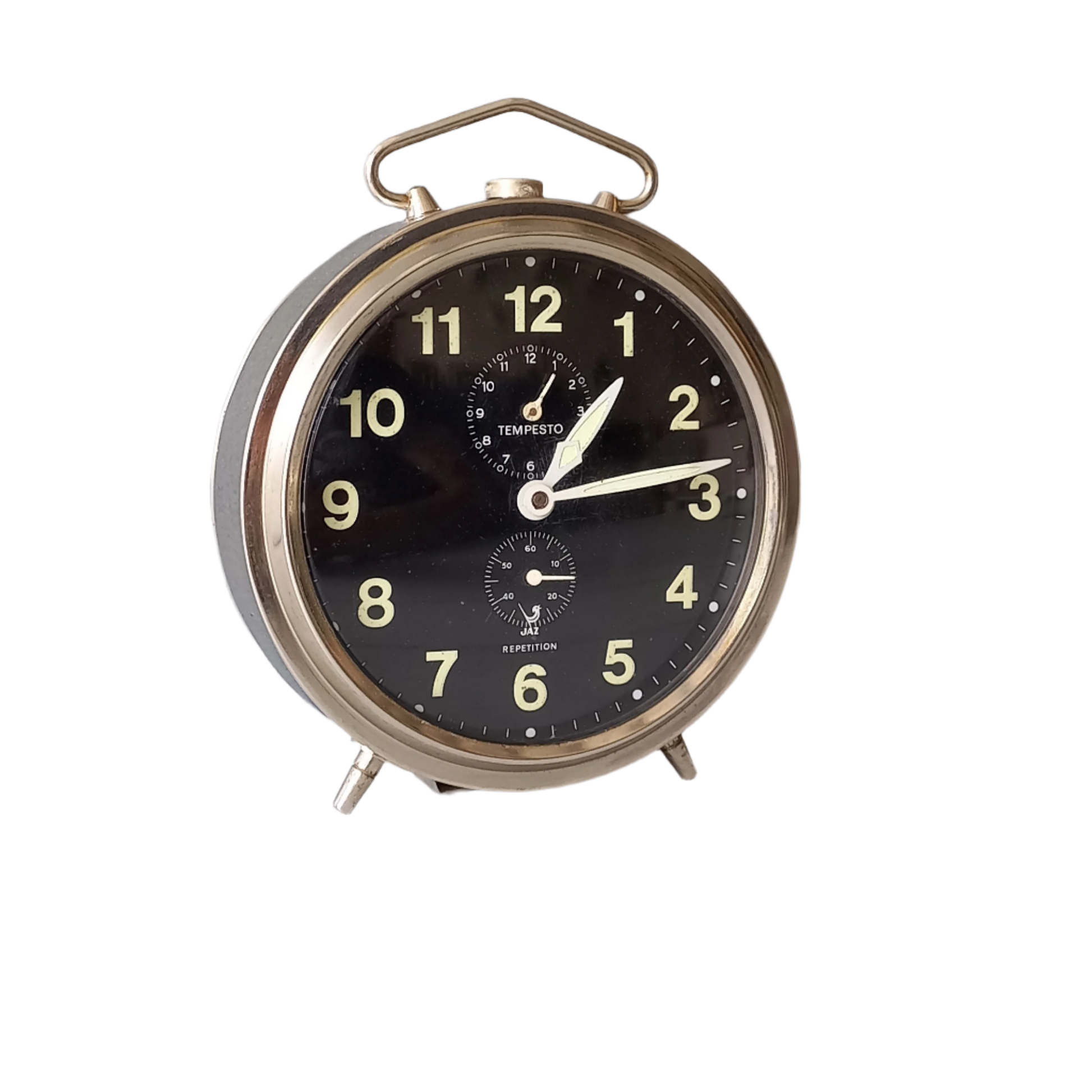 A large French vintage alarm clock by premier clock manufacturer Jaz. In good working condition including the alarm. This mechanical clock gives a pleasing ticking sound that varies in speed sometimes. Circa. 1970s.