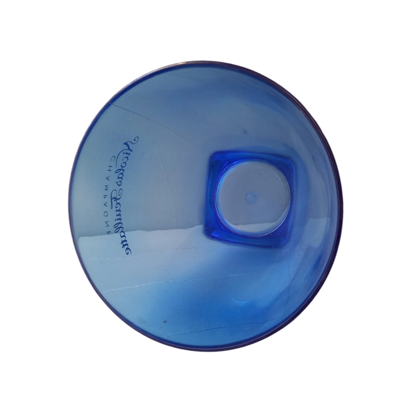 Vintage Nicolas Feuillatte transparent blue champagne bucket made from resin or hardened plastic. Being a vintage item there are of course some scuffs and scratches in the plastic.