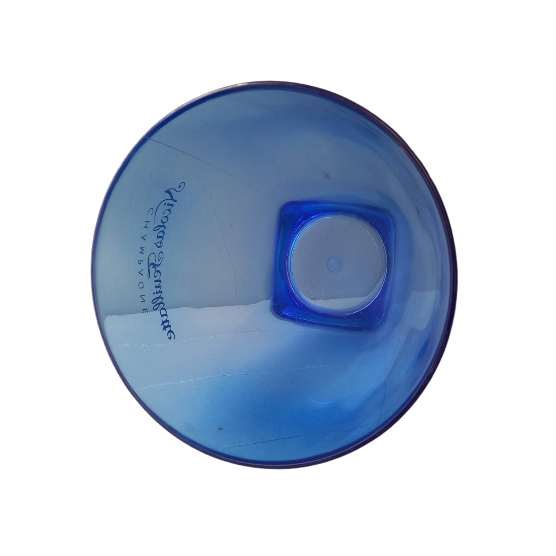 Vintage Nicolas Feuillatte transparent blue champagne bucket made from resin or hardened plastic. Being a vintage item there are of course some scuffs and scratches in the plastic.