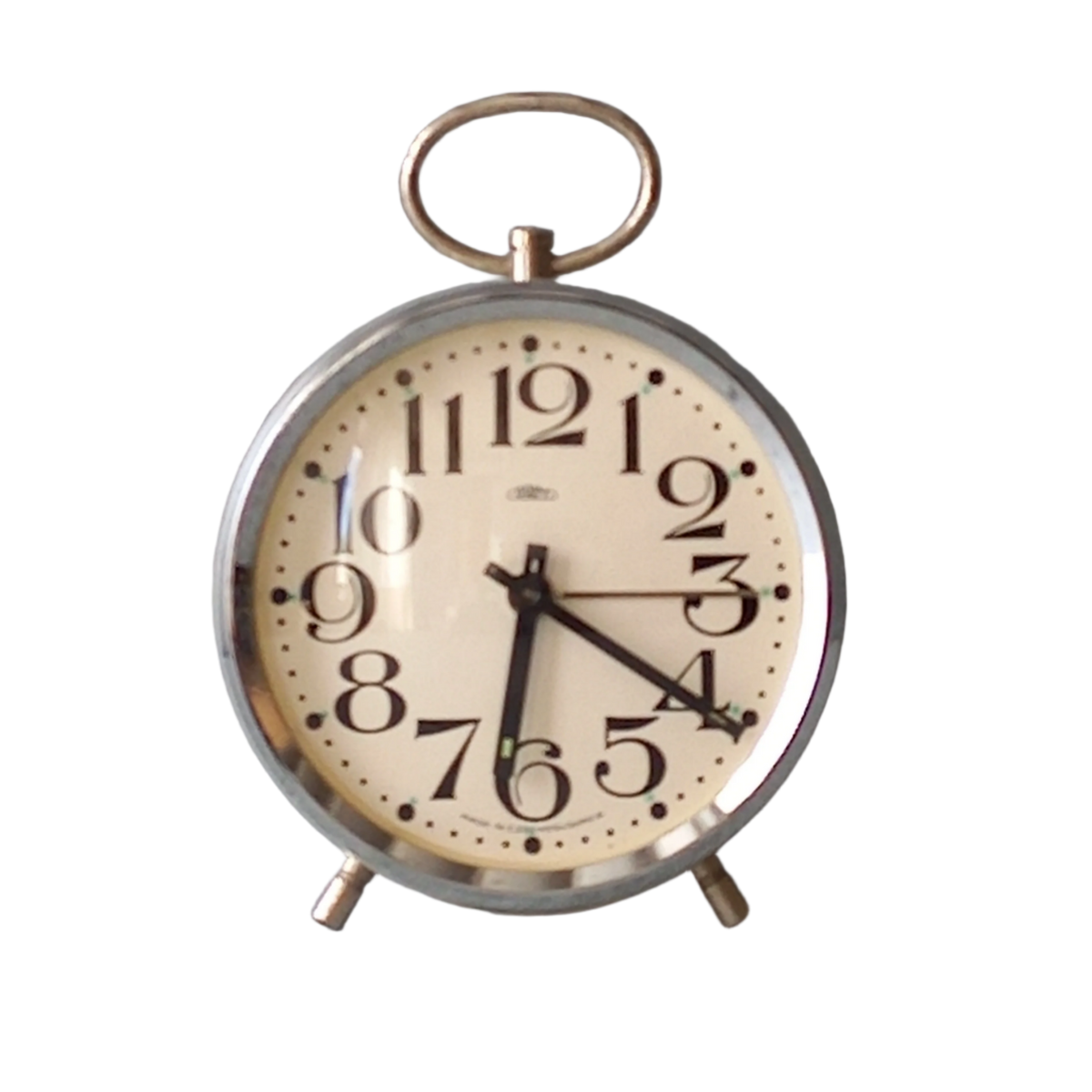 white vintage alarm clock, retro mechanical clock, bedside or nightstand ticking clock