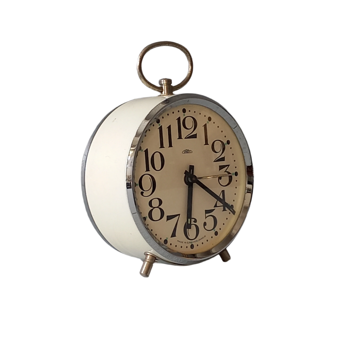 white vintage alarm clock, retro mechanical clock, bedside or nightstand ticking clock