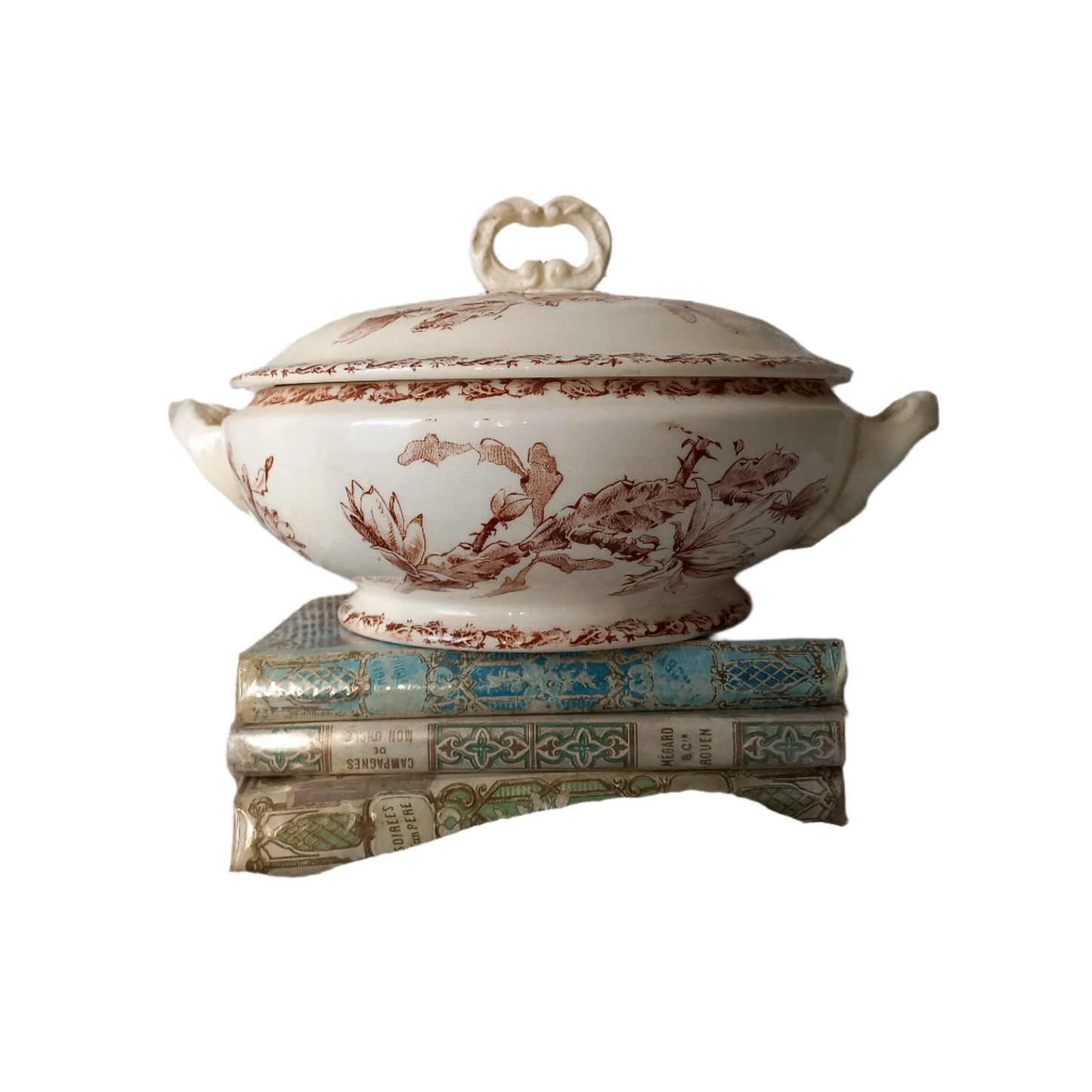 Small antique ironstone tureen with sepia pattern from France