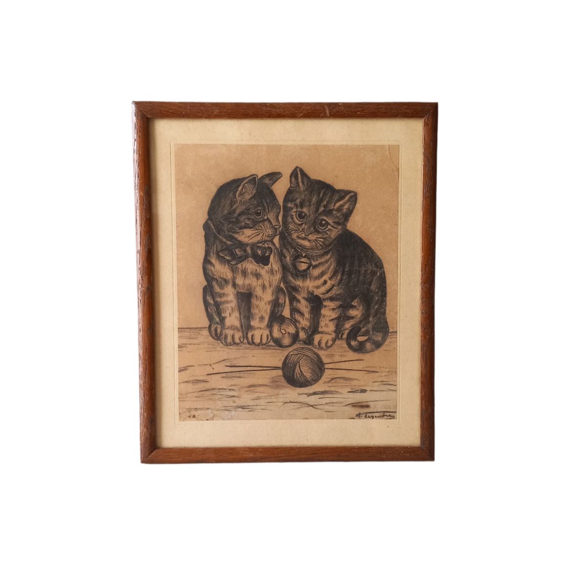 A French vintage drawing of two cute cats or kittens who look like they're planning to be naughty with their owner's ball of wool, a naive piece of art although none-the-less very charming indeed. It appears to be an original drawing, although I haven't opened up the back as it's well sealed with the original French framer's label. The drawing has been signed by the artist.