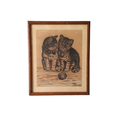 A French vintage drawing of two cute cats or kittens who look like they're planning to be naughty with their owner's ball of wool, a naive piece of art although none-the-less very charming indeed. It appears to be an original drawing, although I haven't opened up the back as it's well sealed with the original French framer's label. The drawing has been signed by the artist.