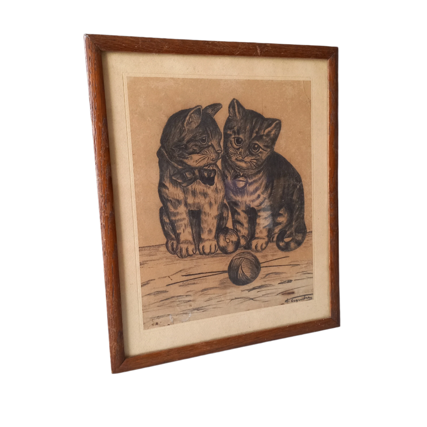 A French vintage drawing of two cute cats or kittens who look like they're planning to be naughty with their owner's ball of wool, a naive piece of art although none-the-less very charming indeed. It appears to be an original drawing, although I haven't opened up the back as it's well sealed with the original French framer's label. The drawing has been signed by the artist.