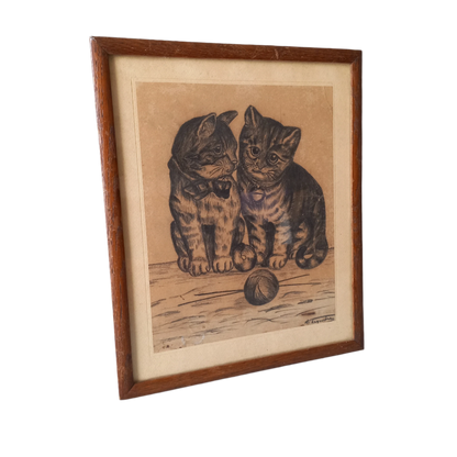A French vintage drawing of two cute cats or kittens who look like they're planning to be naughty with their owner's ball of wool, a naive piece of art although none-the-less very charming indeed. It appears to be an original drawing, although I haven't opened up the back as it's well sealed with the original French framer's label. The drawing has been signed by the artist.