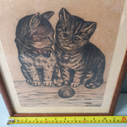 A French vintage drawing of two cute cats or kittens who look like they're planning to be naughty with their owner's ball of wool, a naive piece of art although none-the-less very charming indeed. It appears to be an original drawing, although I haven't opened up the back as it's well sealed with the original French framer's label. The drawing has been signed by the artist.