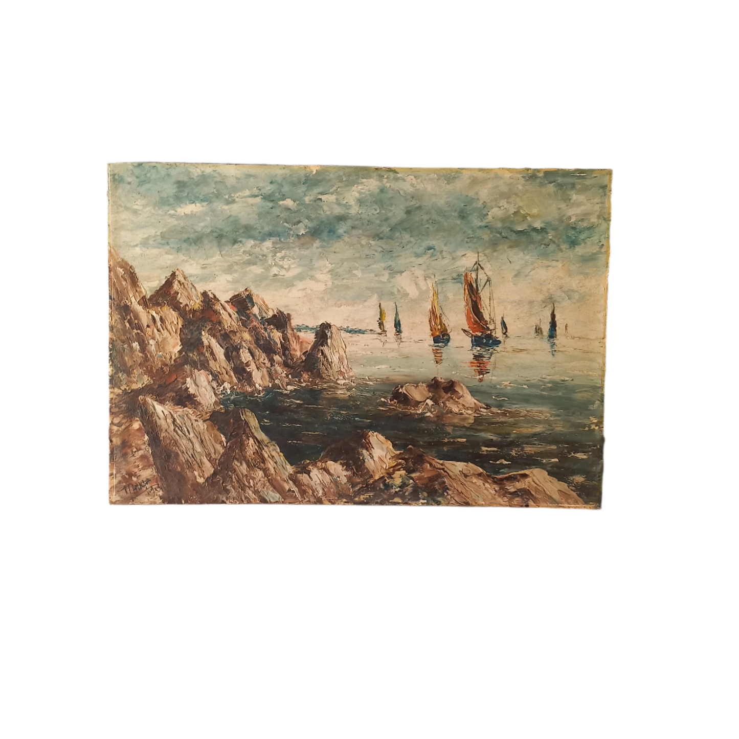French Vintage Oil Painting of Sailing Boats At Sea