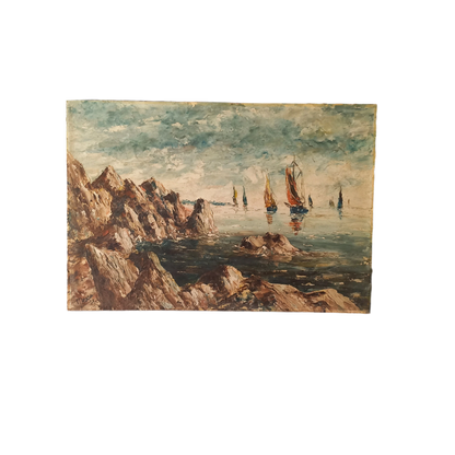 French Vintage Oil Painting of Sailing Boats At Sea