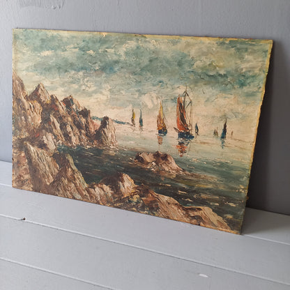 A beautiful piece of original French art depicting sailing boats on a rocky coastline. The painting is wonderfully done in a 'painterly' fashion with thick, vibrant oil paint strokes on hardboard. It has been signed and dated by the artist.
