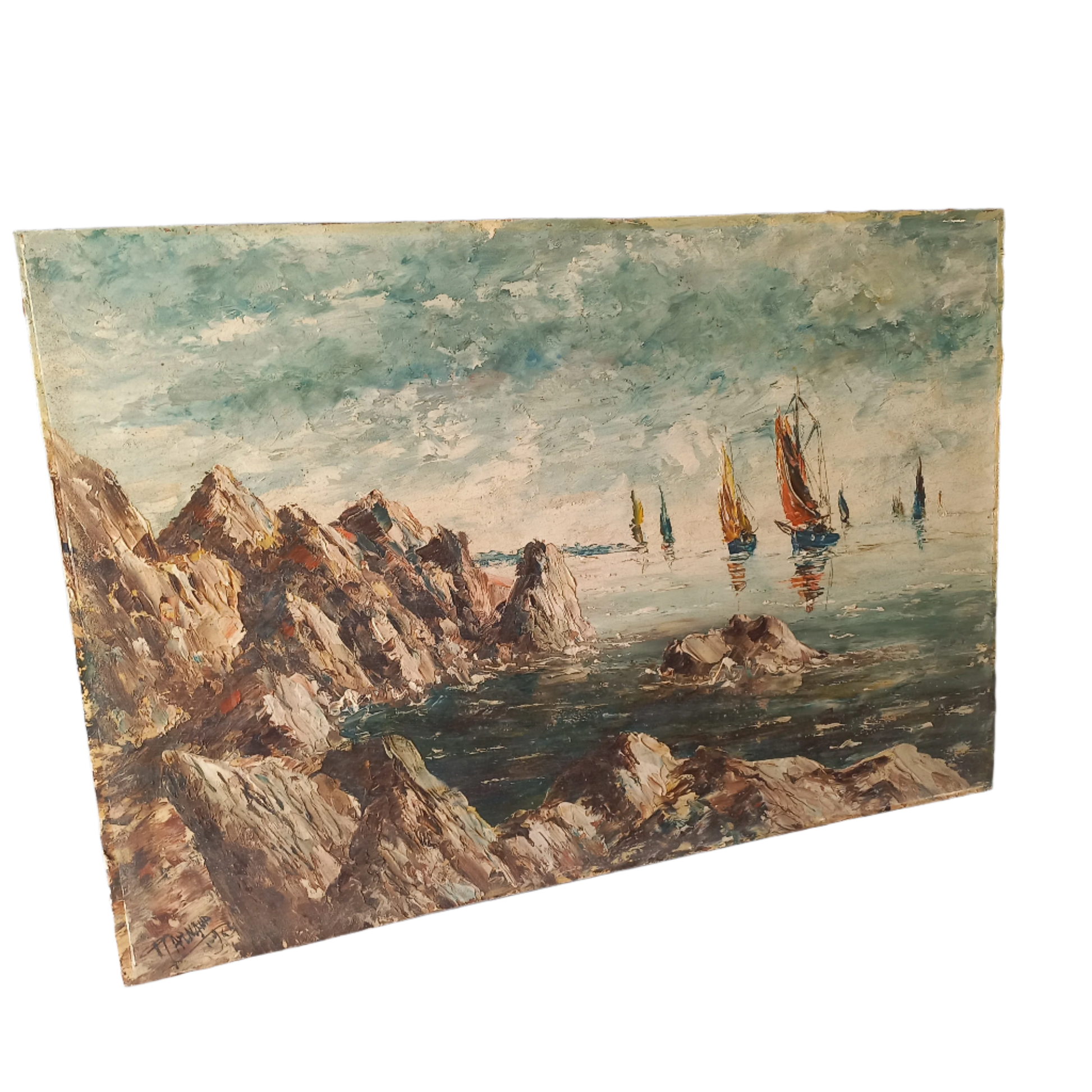 A beautiful piece of original French art depicting sailing boats on a rocky coastline. The painting is wonderfully done in a 'painterly' fashion with thick, vibrant oil paint strokes on hardboard. It has been signed and dated by the artist.