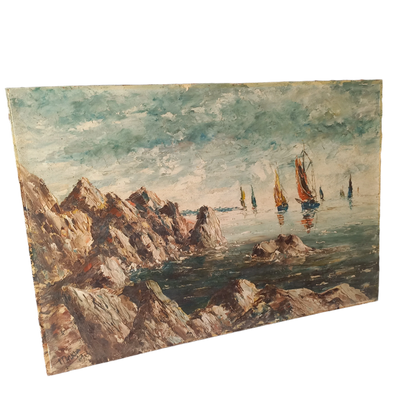 A beautiful piece of original French art depicting sailing boats on a rocky coastline. The painting is wonderfully done in a 'painterly' fashion with thick, vibrant oil paint strokes on hardboard. It has been signed and dated by the artist.