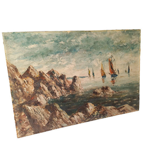 A beautiful piece of original French art depicting sailing boats on a rocky coastline. The painting is wonderfully done in a 'painterly' fashion with thick, vibrant oil paint strokes on hardboard. It has been signed and dated by the artist.