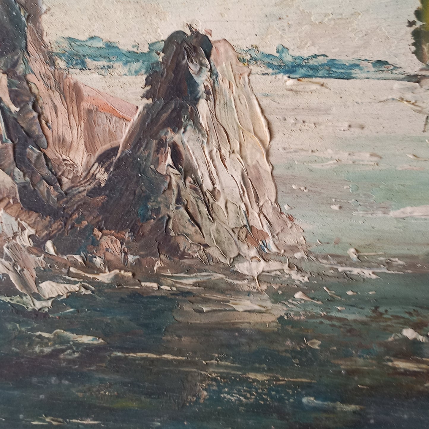 A beautiful piece of original French art depicting sailing boats on a rocky coastline. The painting is wonderfully done in a 'painterly' fashion with thick, vibrant oil paint strokes on hardboard. It has been signed and dated by the artist.