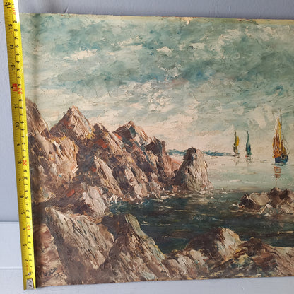 A beautiful piece of original French art depicting sailing boats on a rocky coastline. The painting is wonderfully done in a 'painterly' fashion with thick, vibrant oil paint strokes on hardboard. It has been signed and dated by the artist.