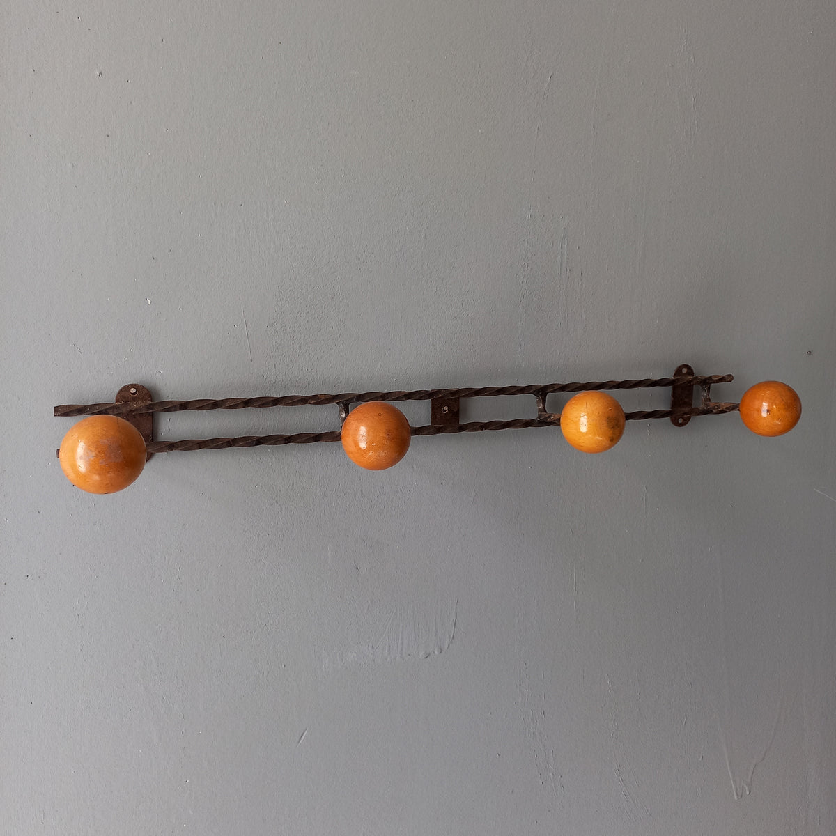 Vintage metal coat rack with four wooden pegs, french 4 peg coat rack, rustic country home wall decor