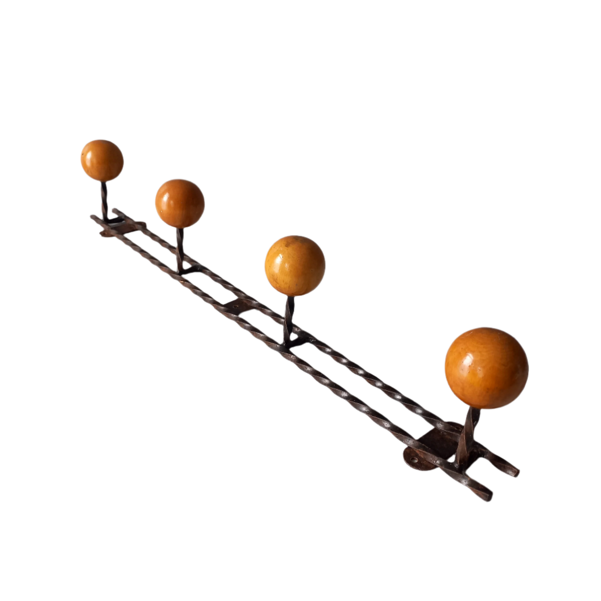 Vintage metal coat rack with four wooden pegs, french 4 peg coat rack, rustic country home wall decor