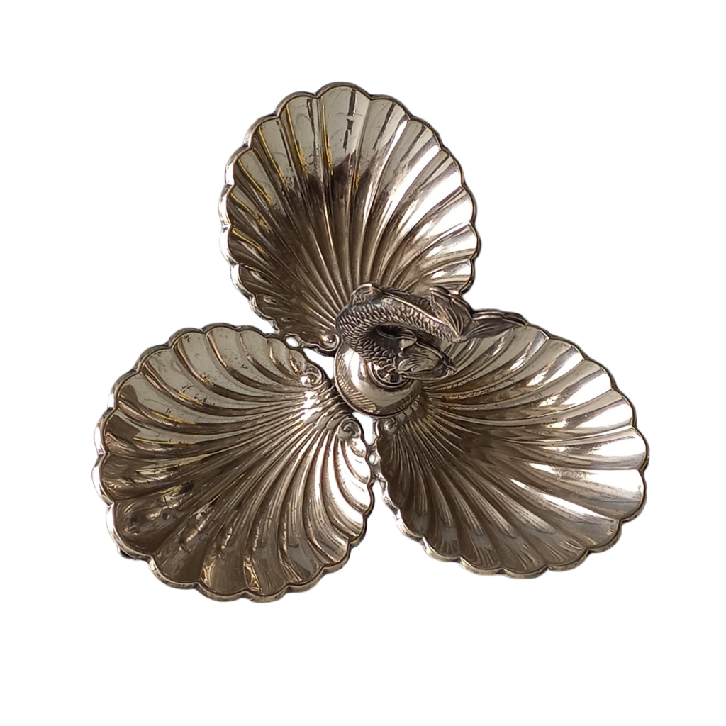 Art deco clam shell and dolphin dish, french vintage silver plated clam bonbon dish