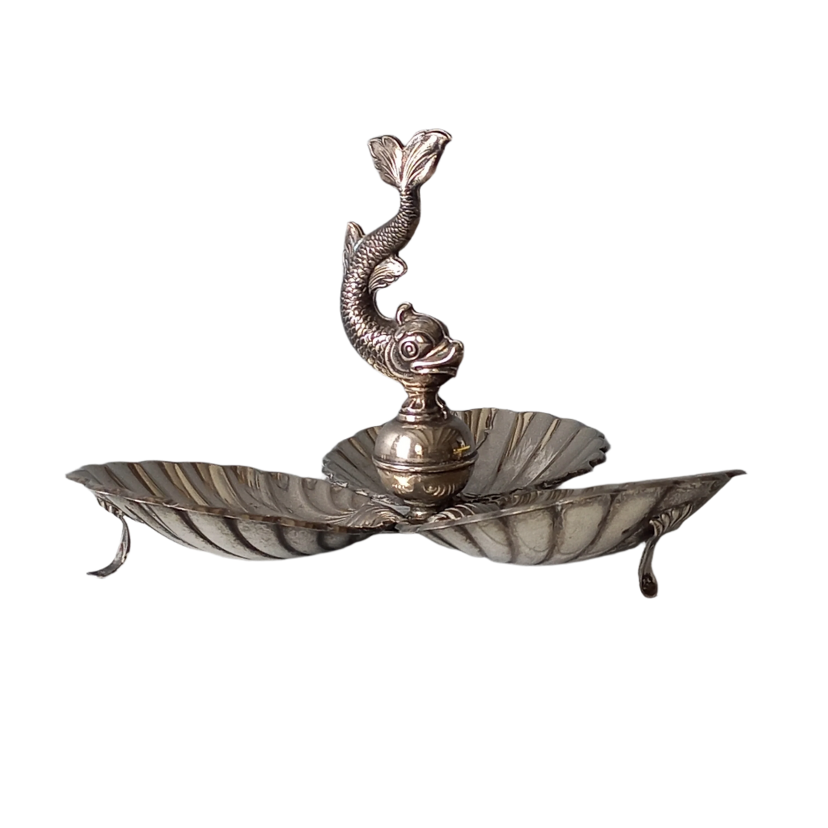 Art deco clam shell and dolphin dish, french vintage silver plated clam bonbon dish
