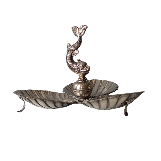 Art deco clam shell and dolphin dish, french vintage silver plated clam bonbon dish