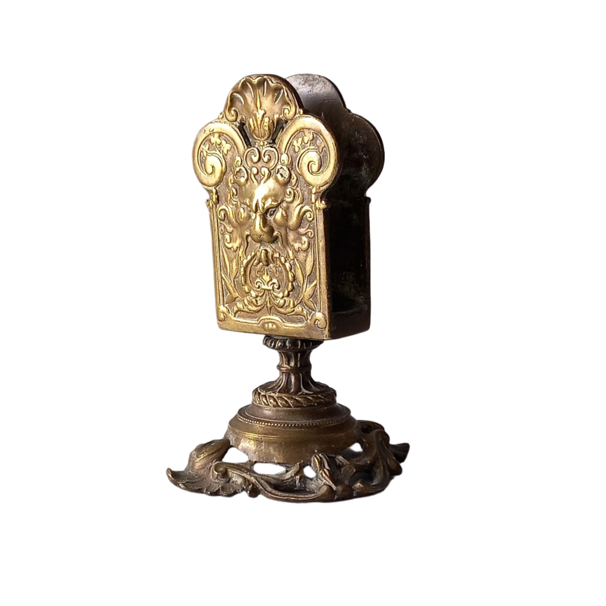 Brass antique matchbox holder, bronze desk decor