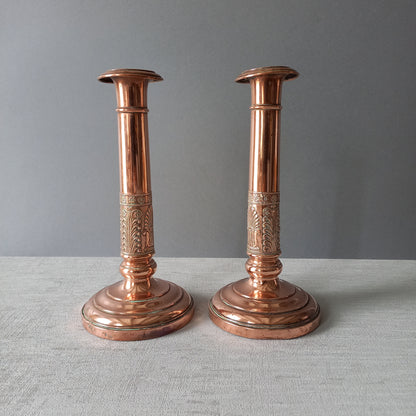 Antique Copper Candle Holders, French Art Nouveau Candle Stick Holders