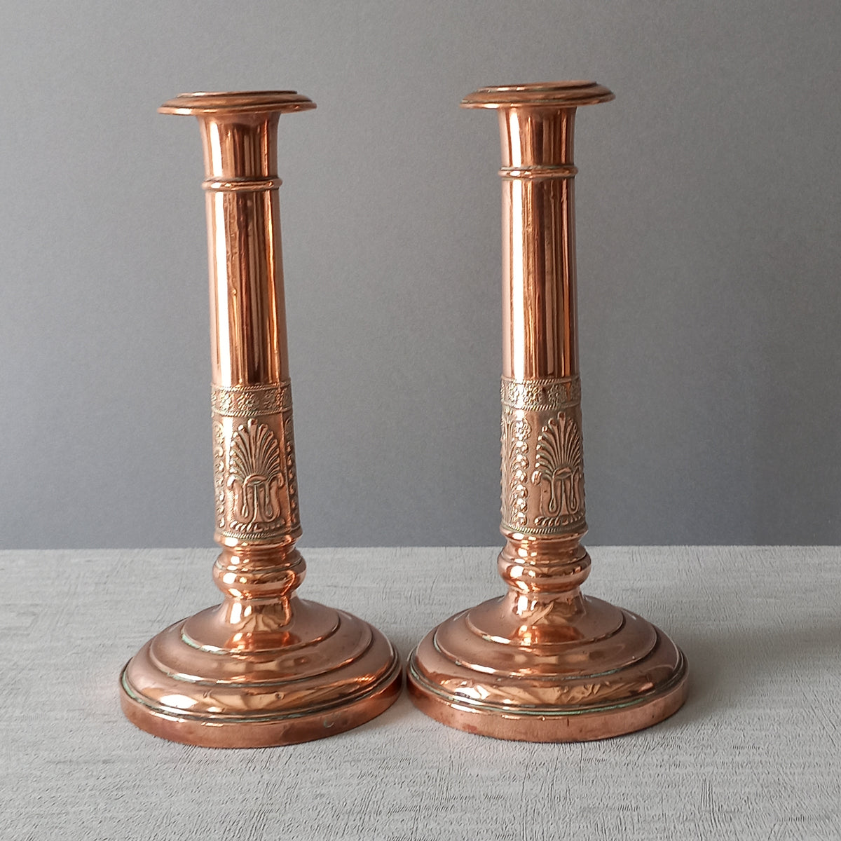 Antique Copper Candle Holders, French Art Nouveau Candle Stick Holders