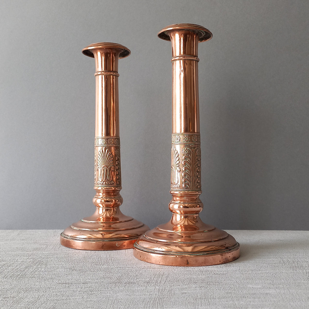 Antique Copper Candle Holders, French Art Nouveau Candle Stick Holders