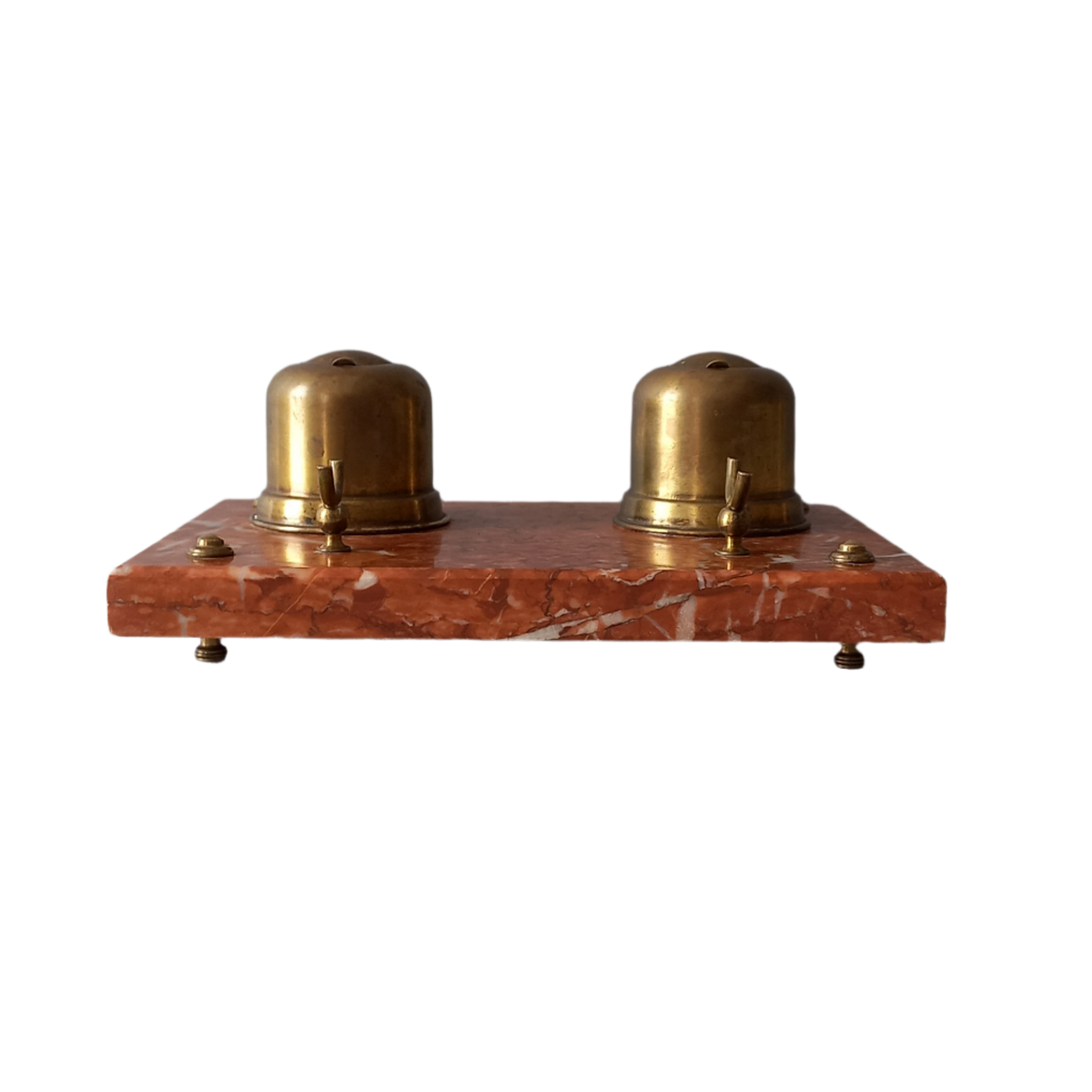 Vintage double brass inkwell and pen rest with marble base, French art deco desk decor
