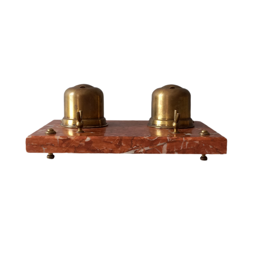 Vintage double brass inkwell and pen rest with marble base, French art deco desk decor