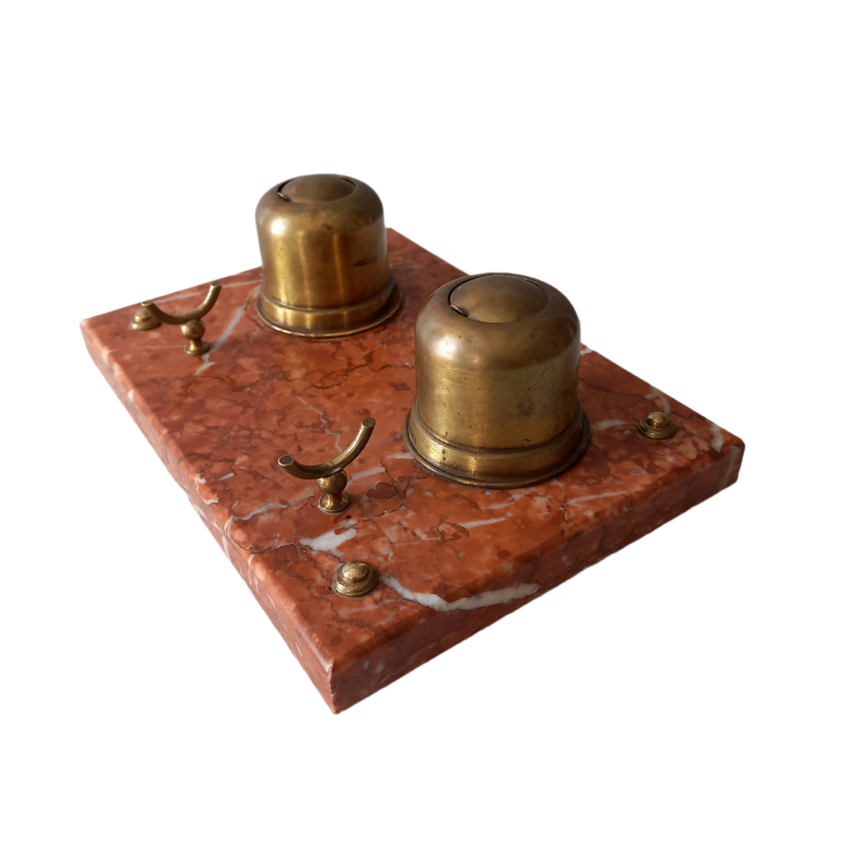 Vintage double brass inkwell and pen rest with marble base, French art deco desk decor