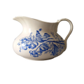 Antique ironstone jug/pitcher, white jug with blue bird and floral transfer pattern, bathroom and kitchen decor