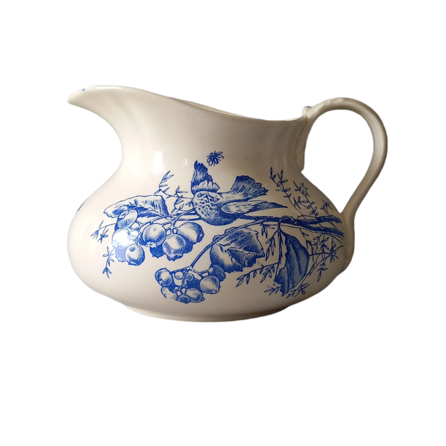 Antique ironstone jug/pitcher, white jug with blue bird and floral transfer pattern, bathroom and kitchen decor