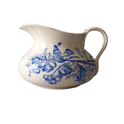 Antique ironstone jug/pitcher, white jug with blue bird and floral transfer pattern, bathroom and kitchen decor