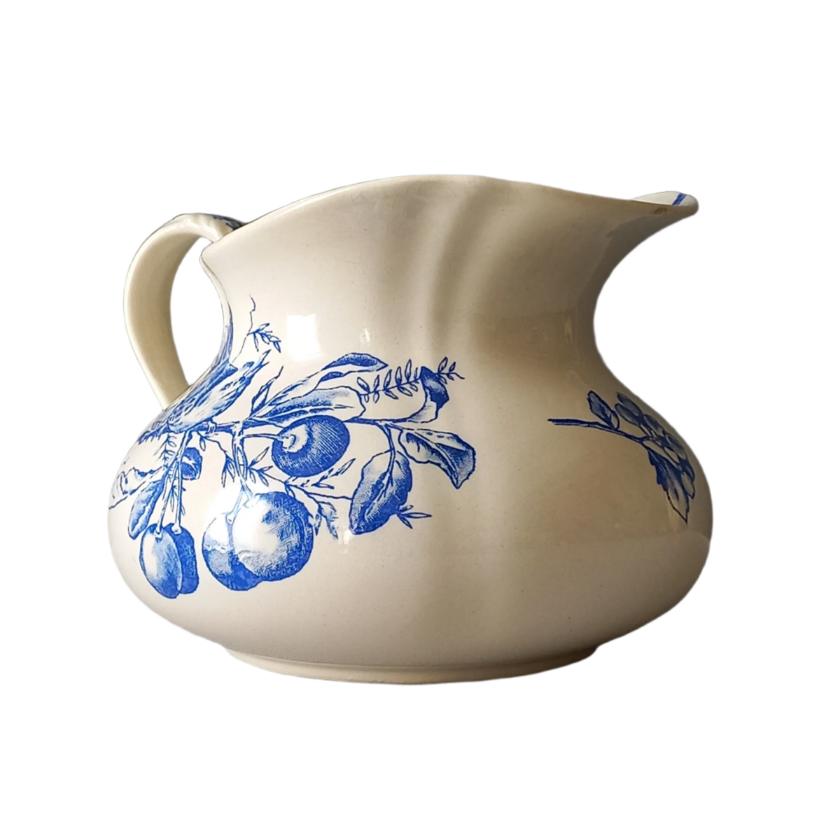 Antique ironstone jug/pitcher, white jug with blue bird and floral transfer pattern, bathroom and kitchen decor