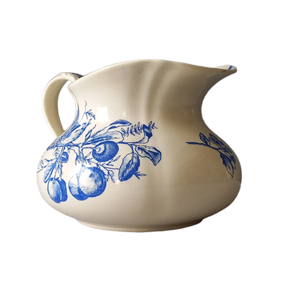 Antique ironstone jug/pitcher, white jug with blue bird and floral transfer pattern, bathroom and kitchen decor