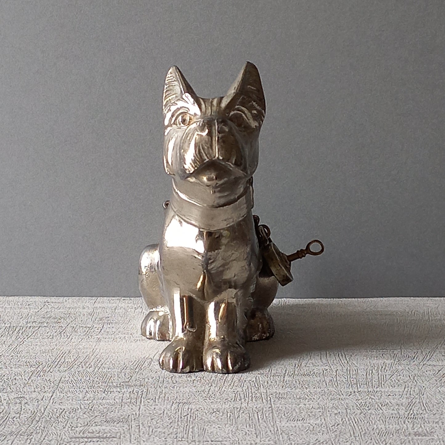 A fabulous French art deco metal terrier dog money box/coin storage box complete with a little padlock and key which still work. 

This unique piece of history was purchased in south west France and we can only imagine who once owned it and what they might have saved their coins to buy.
